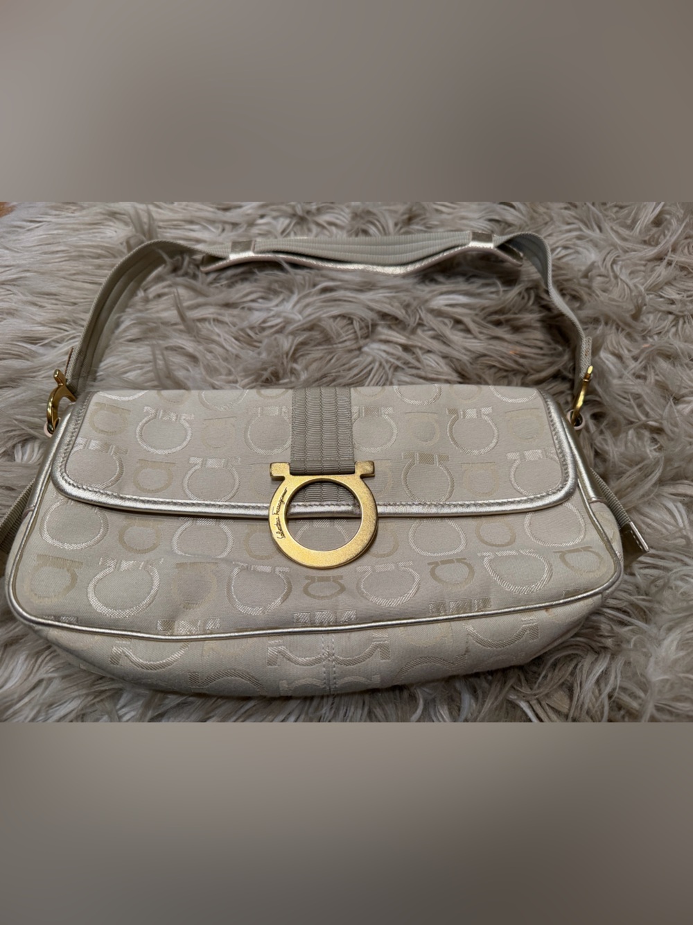 Salvatore Ferragamo Cream Gancini Jacquard Shoulder Bag with Gold Hardware